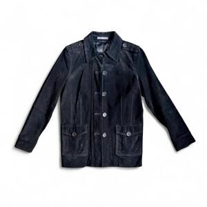 90s Black Suede Utility Jacket – Minimalist Grunge[L]